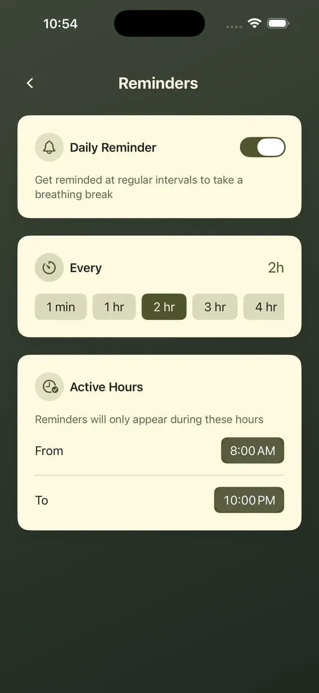 Svasa’s reminder settings, with a daily reminder toggle, an interval picker and active hours