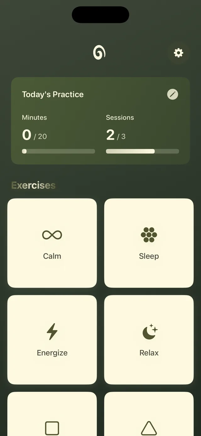 The Svasa home screen, showing today’s practice minutes and sessions above a grid of breathing exercises