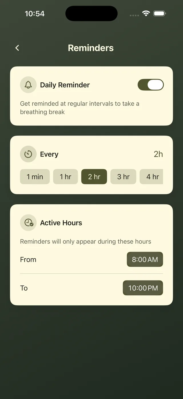 Svasa’s reminder settings, with a daily reminder toggle, an interval picker and active hours